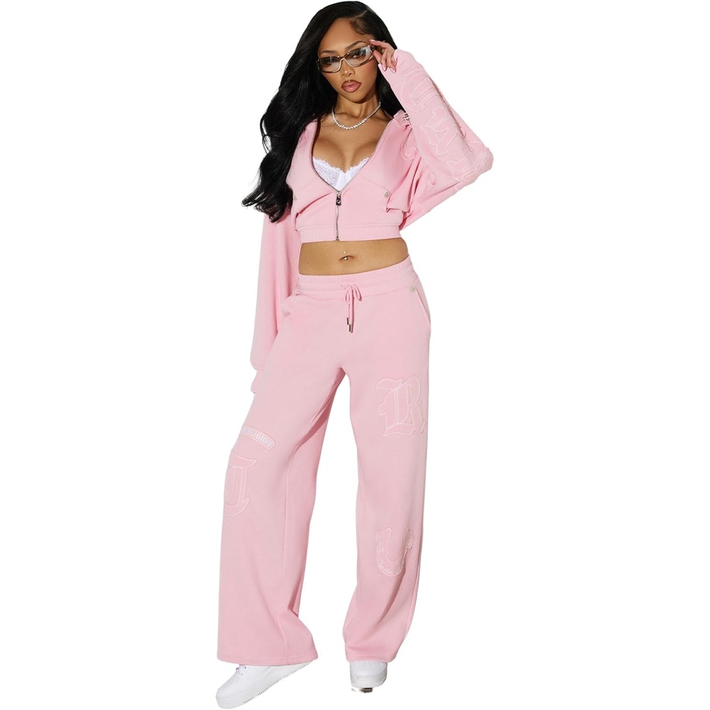 image:imageTrue Religion Womens Branded Applique Wide Leg Pant  Cozy Cotton Blend Lounge SweatpantsFairytale