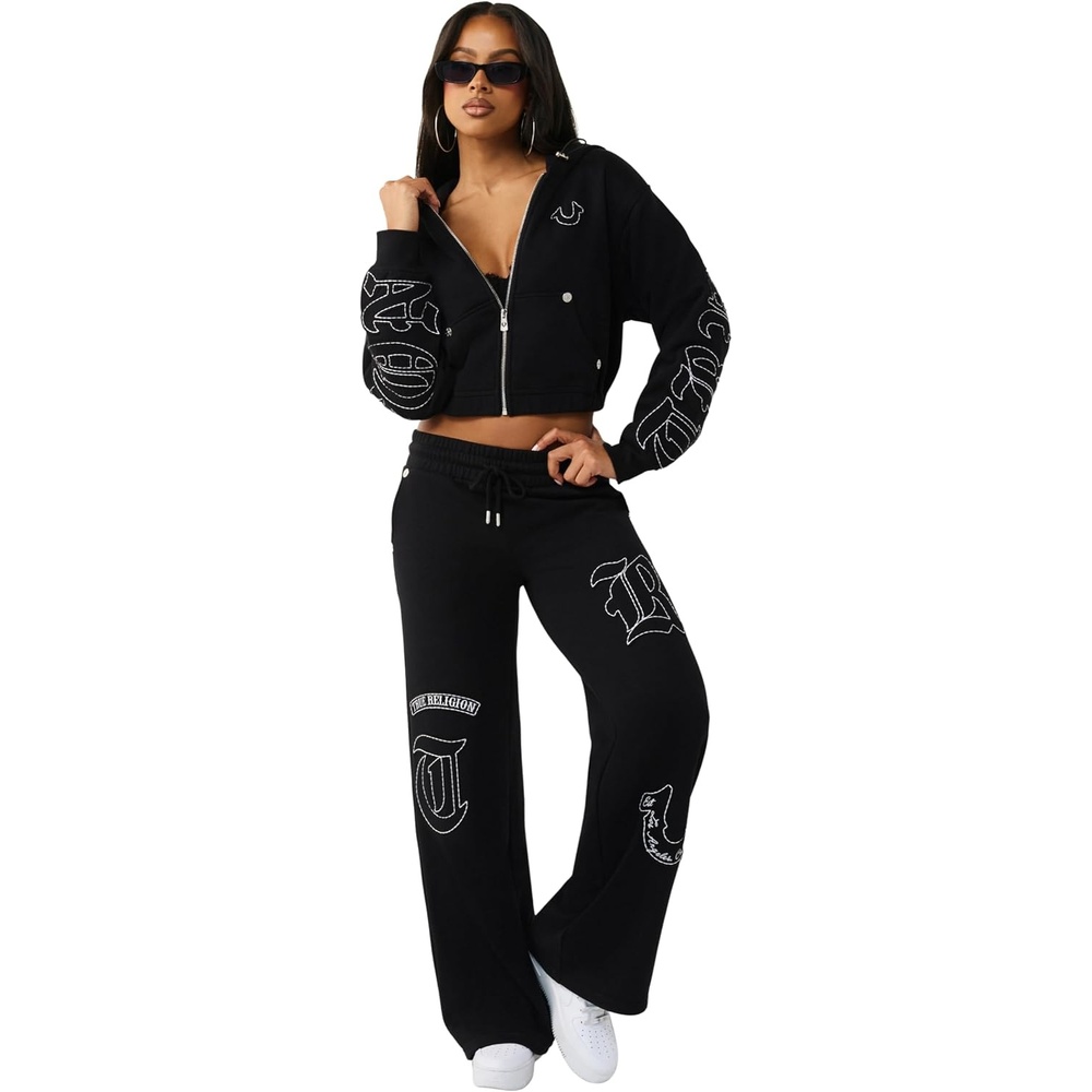 image:imageTrue Religion Womens Branded Applique Wide Leg Pant  Cozy Cotton Blend Lounge SweatpantsJet Black