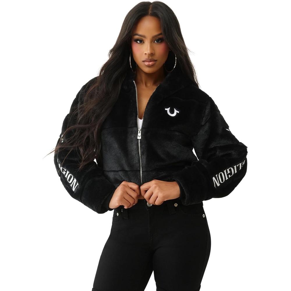 image:imageTrue Religion Womens Branded Faux Fur Zip Up Coat