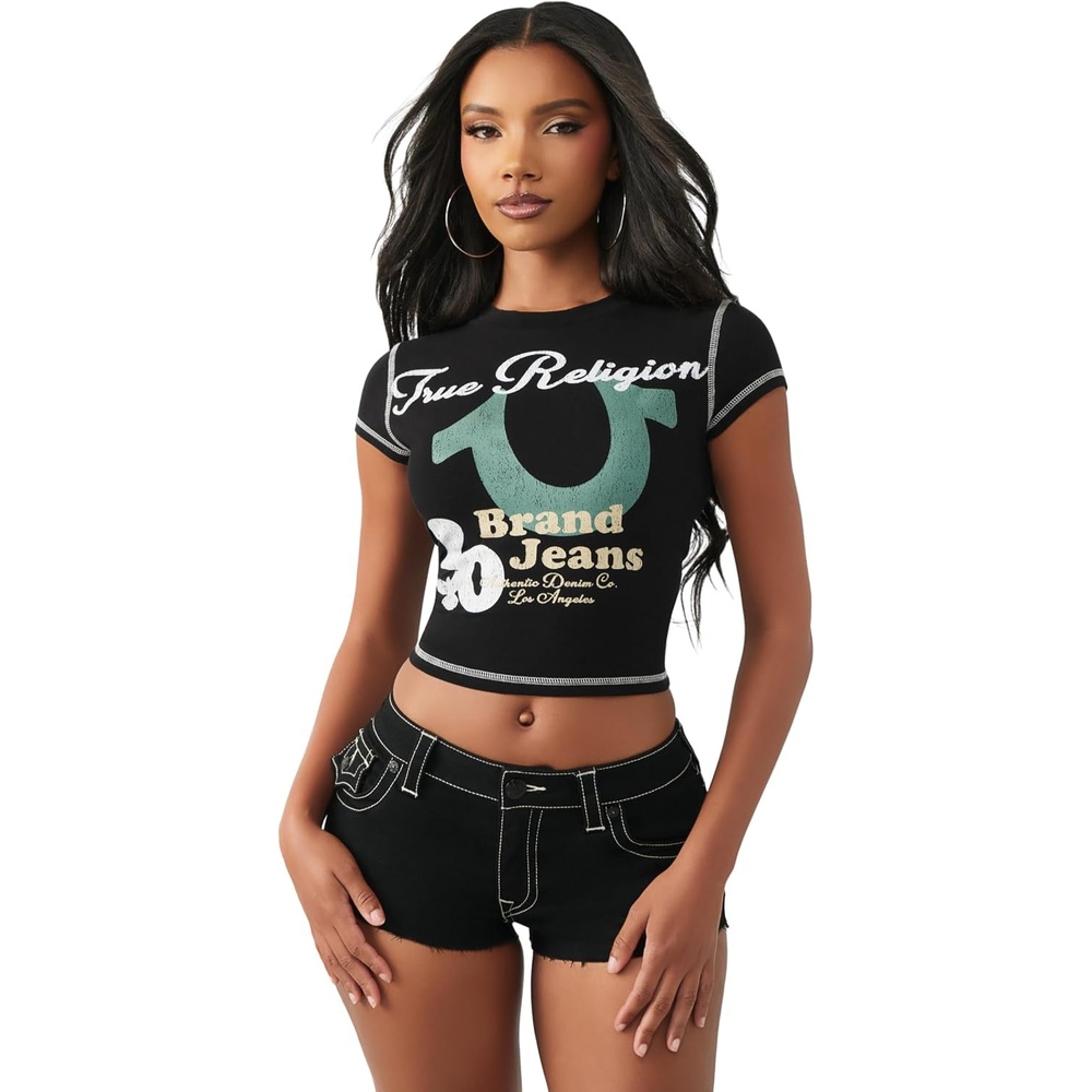 image:imageTrue Religion Womens Cap Sleeve Baby Tee  Soft Cotton Blend T Shirt Stretch Fabric Flattering FitJet Black