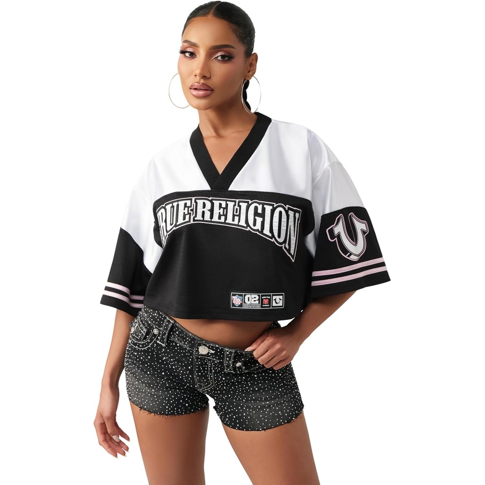 image:imageTrue Religion Womens Crystal Sporty Jersey Shirt  95 Polyester 5 Elastane Soft Stretch Jersey Premium ComfortBlack  White