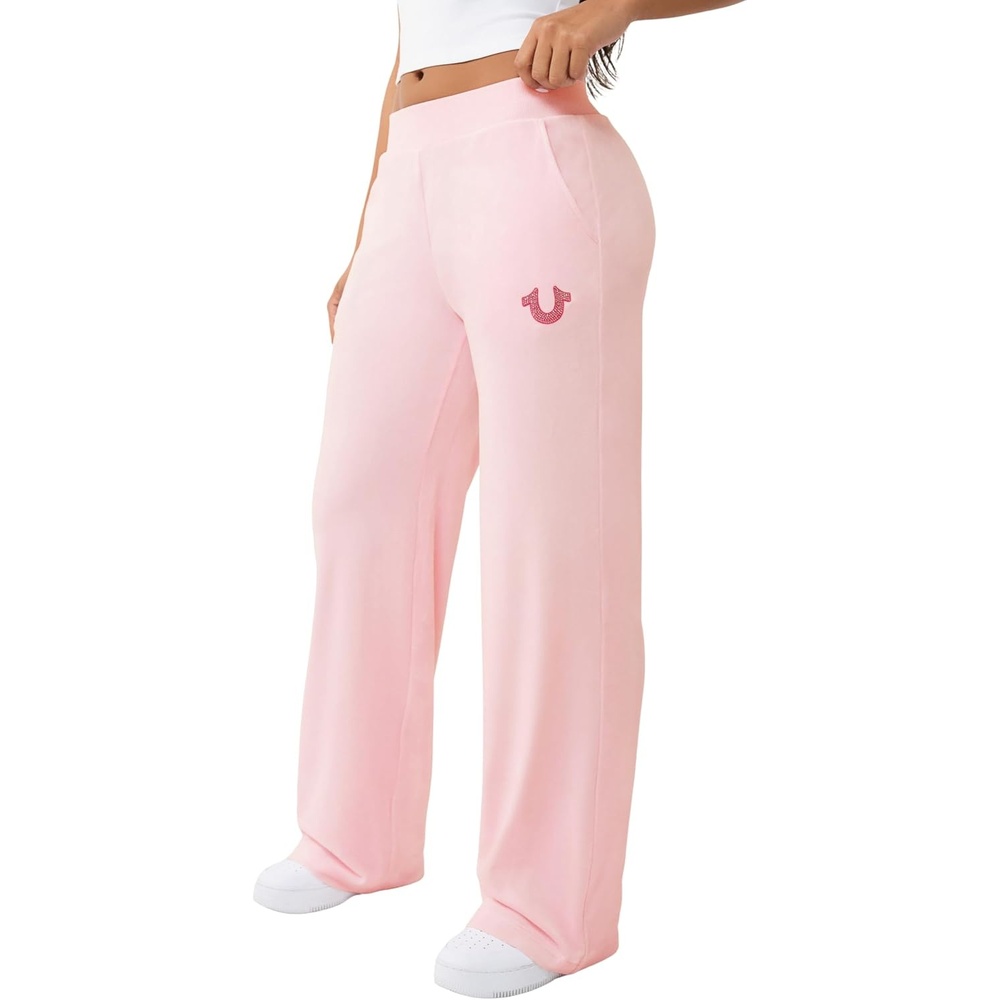image:imageTrue Religion Womens Crystal Straight Leg Sweat Pant  Soft Velour HighRise Fit Rhinestone Logo DetailsFairytale