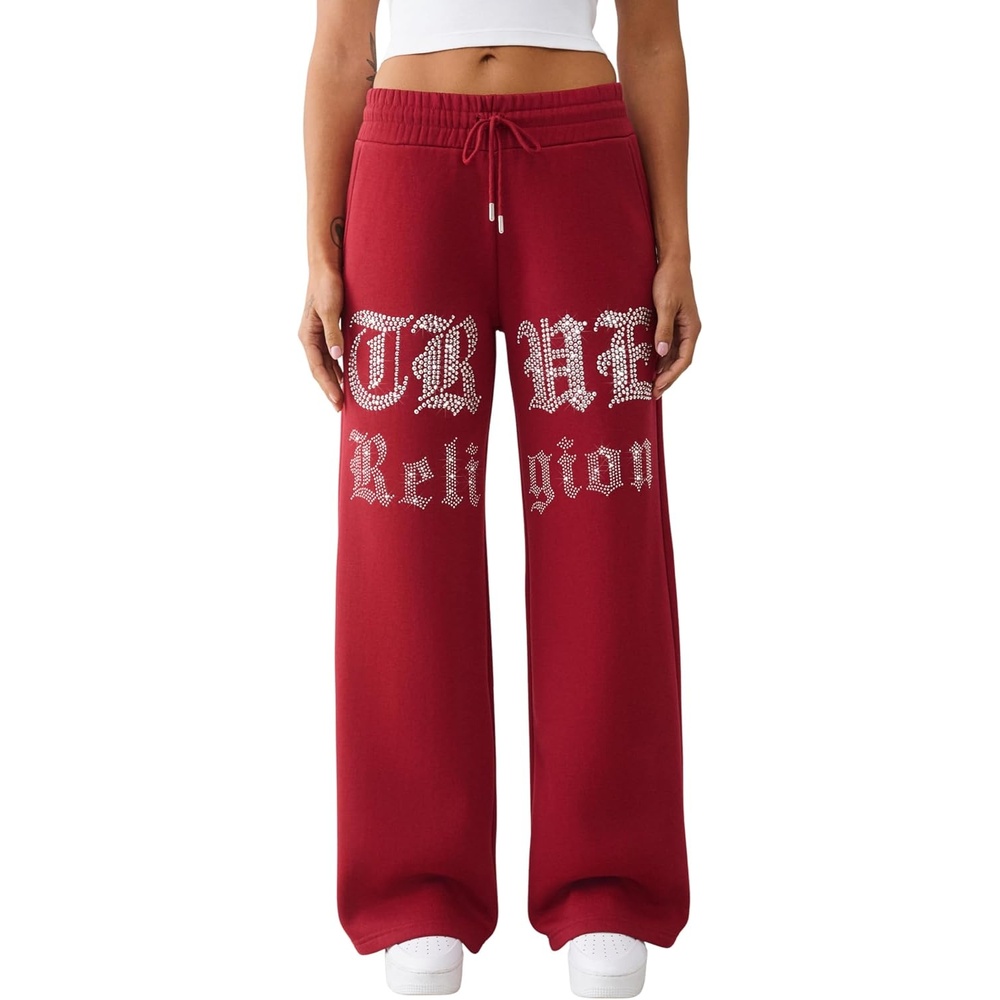 image:imageTrue Religion Womens Crystal Wide Leg Sweatpants  Soft Cotton Blend Flared Hem Crystal LogoRhubarb Red