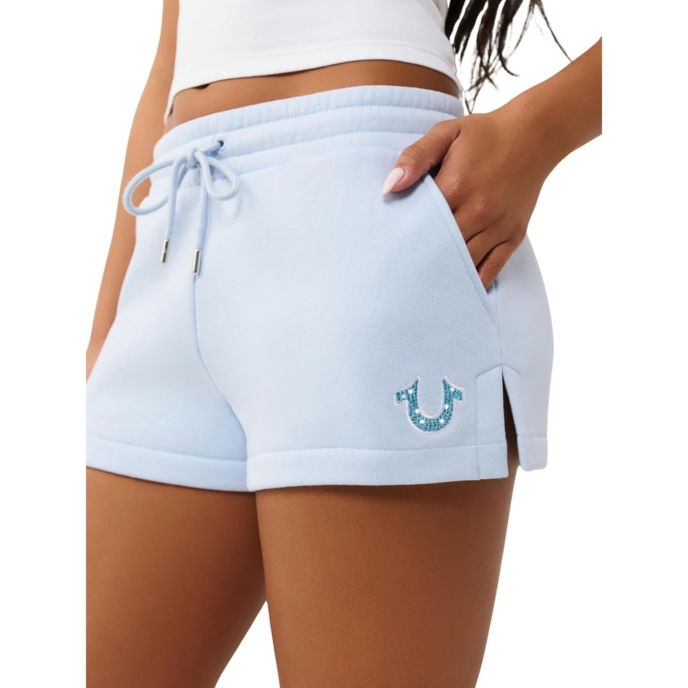 image:imageTrue Religion Womens Embroidered Horseshoe Sweat Short  Drawstring Waist Slanted Pockets Horseshoe LogoCashmere Blue
