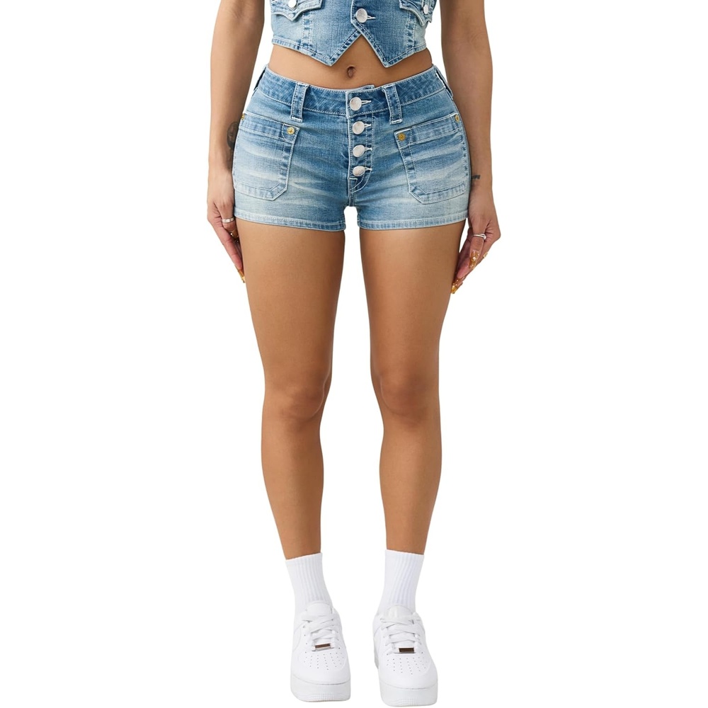 image:imageTrue Religion Womens Front Pocket Denim Shorts FlapSunset Ticket
