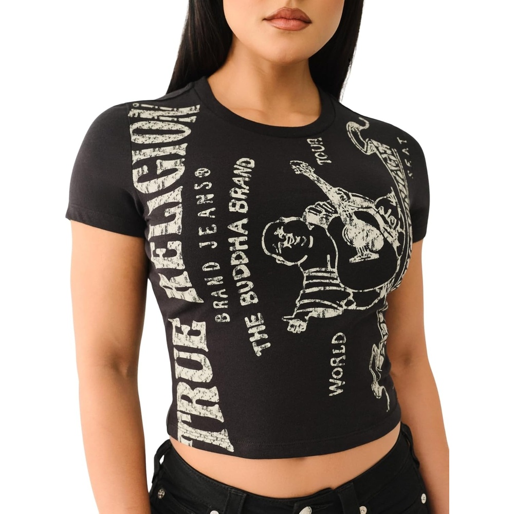 image:imageTrue Religion Womens Heritage Logo Short Sleeve Baby Tee  Casual Crew Neck TShirtJet Black