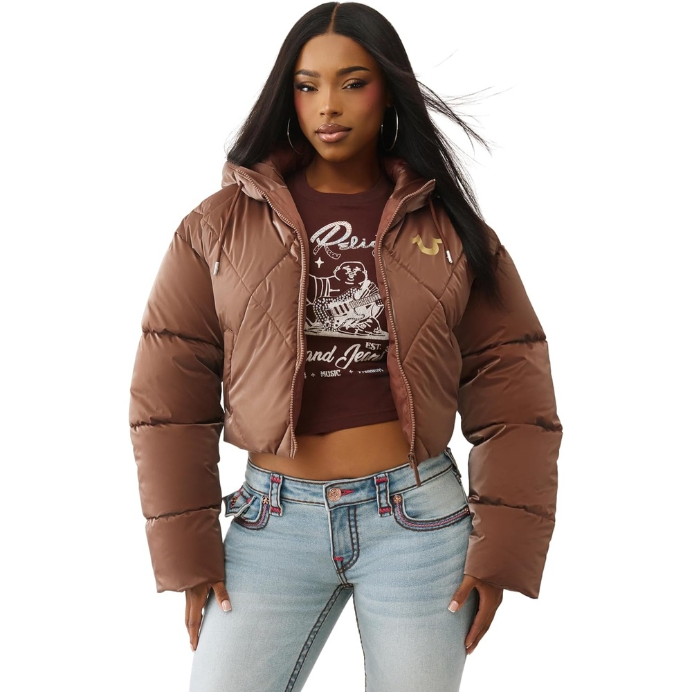 image:imageTrue Religion Womens High Shine Foil Hooded Puffer  Lightweight amp Comfortable Winter JacketBronze