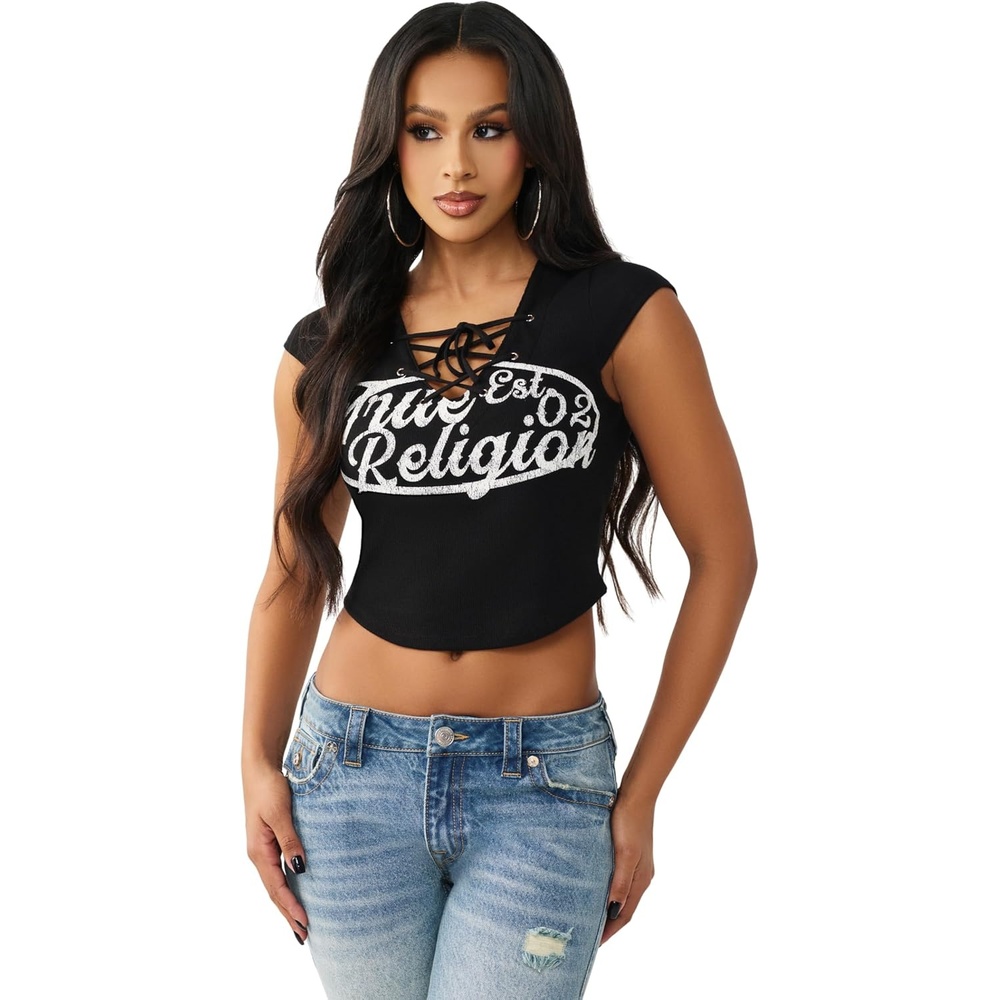 image:imageTrue Religion Womens Lace Up Cap Sleeves Rib TopJet Black