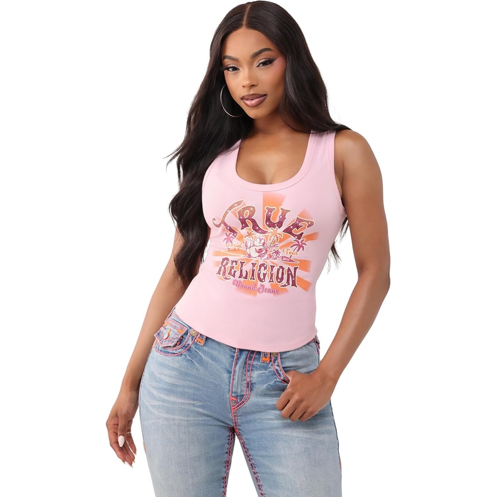 image:imageTrue Religion Womens OG SRS Halter Tank  Cotton Stretch Fabric Flattering Fit Halter DesignOrchid Pink