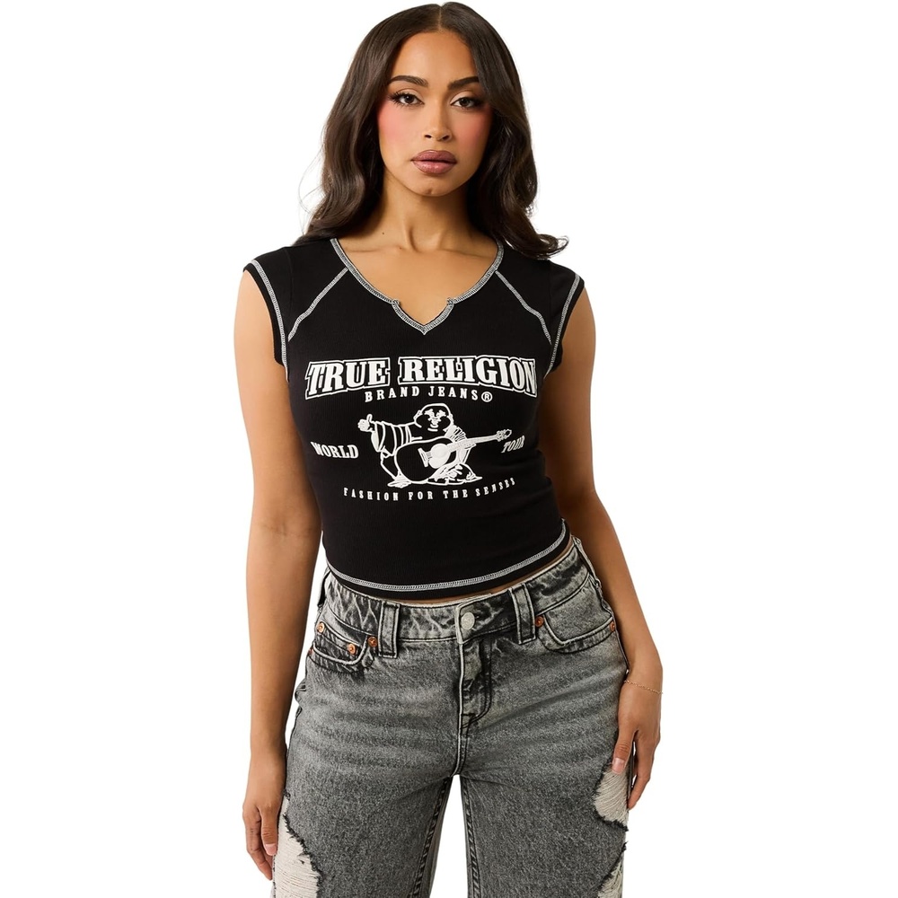 image:imageTrue Religion Womens SRS Contrast Stitch Rib Notched Tee  Womens Tops  T Shirts for Women Graphic Tees for WomenJet Black