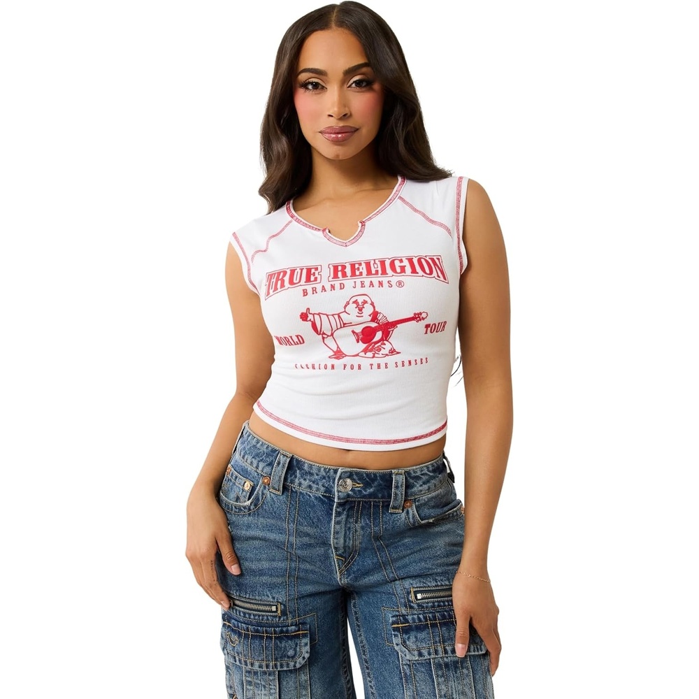 image:imageTrue Religion Womens SRS Contrast Stitch Rib Notched Tee  Womens Tops  T Shirts for Women Graphic Tees for WomenOptic White