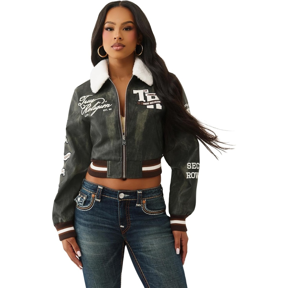 image:imageTrue Religion Womens Sherpa Collared Aviator Jacket  FleeceLined ButtonFront Pilot StyleWashed Brown