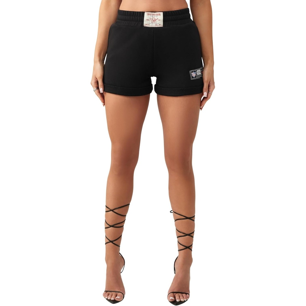 image:imageTrue Religion Womens Sporty Foldover Patch Shorts  Cotton Blend Comfortable Fit Soft FeelJet Black