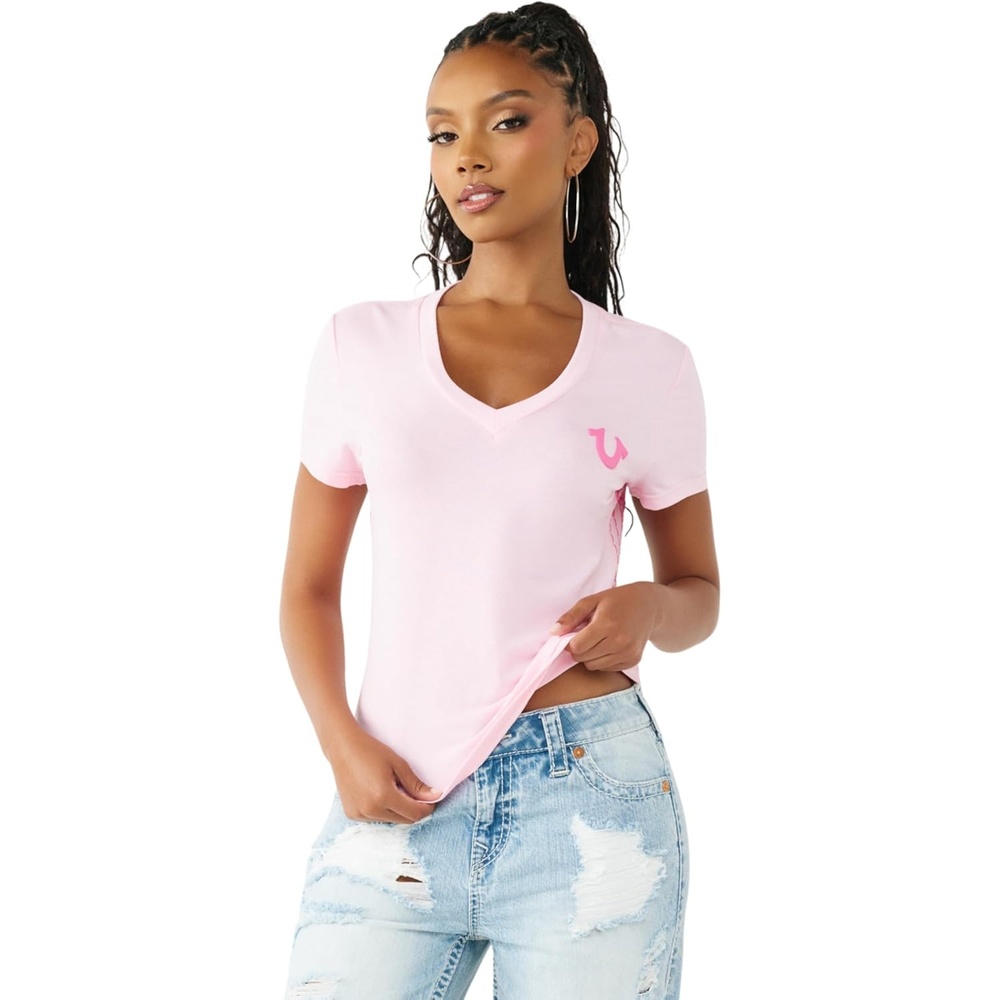 image:imageTrue Religion Womens Super T Buddha Classic V Neck Tee  Soft Cotton Blend T Shirt Comfortable Fit Flattering StyleOrchid Pink