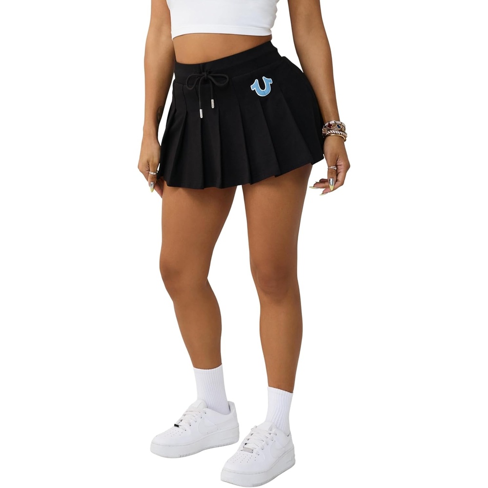 image:imageTrue Religion Womens Vintage Pleated Mini Skirt  MidRise Waist RawCut Hem Pleated DetailingJet Black