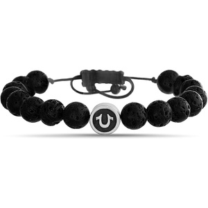 True Religion 8mm Black Bead Horseshoe 11 Inch Long Adjustable Bracelet for Men Stainless Steel