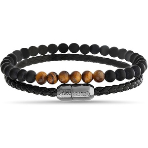 True Religion Beaded Simulated Black Leather 8.5 Inch Double Row Bracelet for Men(Black)