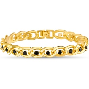 True Religion Black Cubic Zirconia 9 Inch Long Curb Chain Bracelet for Men 14K Yellow Gold Plated Brass