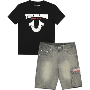 True Religion Boys Short Sets for Kids | Boys Jean Shorts and Tee Shirt Clothing Set(Black-aged Grey)