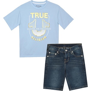 True Religion Boys Short Sets for Kids | Boys Jean Shorts and Tee Shirt Clothing Set(Cerulean)