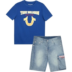 True Religion Boys Short Sets for Kids | Boys Jean Shorts and Tee Shirt Clothing Set(Daphine-light Ice Blue)