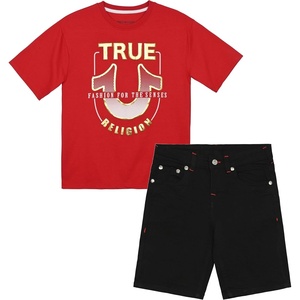 True Religion Boys Short Sets for Kids | Boys Jean Shorts and Tee Shirt Clothing Set(Hot Red)