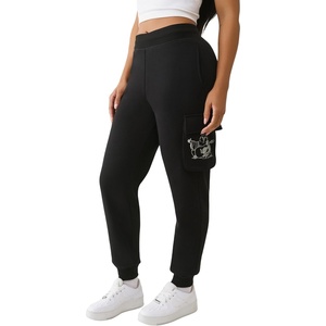 True Religion Buddha Fold Over Cargo Joggers for Women – Fleece Lined, Cozy Streetwear Sweatpants(Jet Black)