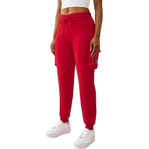 True Religion Buddha Fold Over Cargo Joggers for Women – Fleece Lined, Cozy Streetwear Sweatpants(Trv Red)