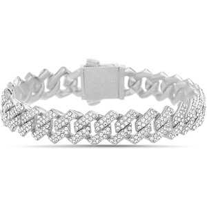 True Religion Crystal Set 12mm Wide 8 Inch Cuban Chain Bracelet for Men Rhodium Plated Alloy Metal