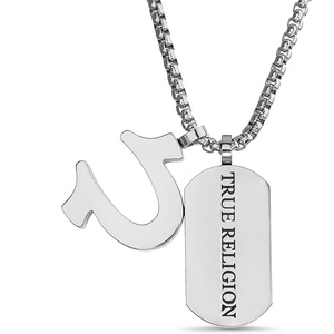 True Religion Horseshoe Dog Tag Pendant 22 Inch Long Box Chain Necklace for Men Stainless Steel