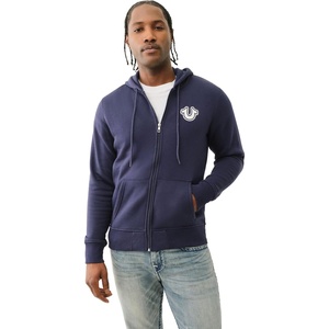 True Religion Men’s Puff Print Core Zip Up Hoodie for Men – Y2K Graphic Hoodie, Mens Hoodies with Oversized Graphic(Ace Blue)