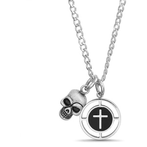 True Religion Skull Black Cross Circle Pendant 22 Inch Long Chain Necklace for Men Stainless Steel