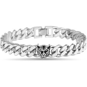 True Religion Tiger Head Charm 9 Inch 10mm Wide Cuban Chain Bracelet for Men Rhodium Plated Brass