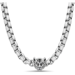 True Religion Tiger Head Pendant 22 Inch Long 6mm Thick Box Chain Necklace for Men Rhodium Plated Brass
