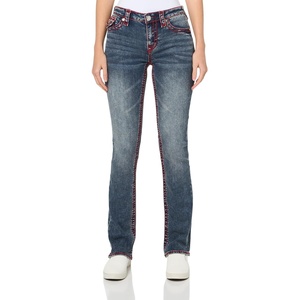 True Religion Women’s Billie Mid Rise Straight Jeans Flap Pockets Stitching(Khivai)