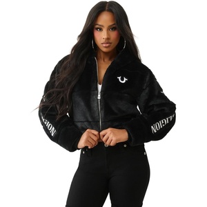 True Religion Women’s Branded Faux Fur Zip Up Coat
