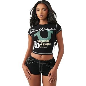 True Religion Women’s Cap Sleeve Baby Tee – Soft Cotton Blend T Shirt, Stretch Fabric, Flattering Fit(Jet Black)