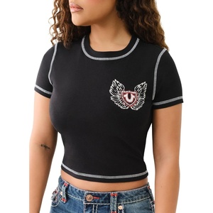 True Religion Women’s Contrast Stitch Wing Baby Tee | Womens Tops | T Shirts for Women, Graphic Tees for Women, Crew Neck(Jet Black)