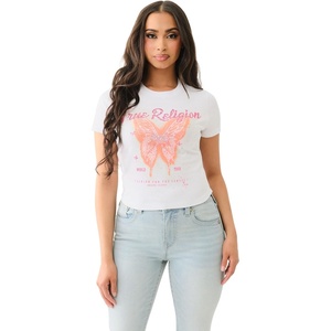 True Religion Women’s Crystal Butterfly Baby Crew Tee | Casual Crew Neck T-Shirt(Optic White​)