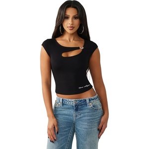 True Religion Women’s Crystal HS Cut Out Rib SS Top – Soft Rib Knit, Cutout Accent, Premium Stretch Comfort(Jet Black)