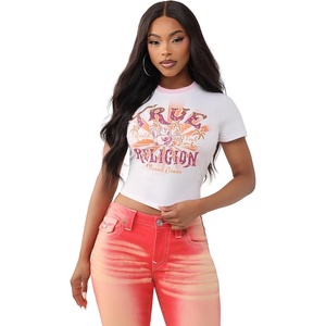 True Religion Women’s Crystal Heritage Baby Tee – Soft Cotton T Shirt, Comfortable Fit, Flattering Style(Optic White)