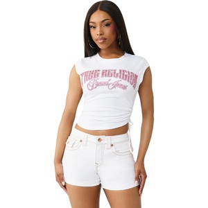 True Religion Women’s Crystal Side Ruch Short Sleeve Baby Top – Cropped Ruched Tee(Optic White)