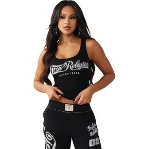 True Religion Women’s Crystal Square Neck Rib Tank(Jet Black)