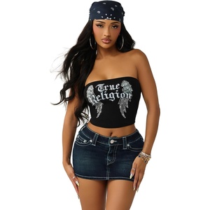 True Religion Women’s Crystal Wing Ribbed Tube Top | Stretch Rib Knit | Strapless Fit, Crystal Wing Design(Jet Black)