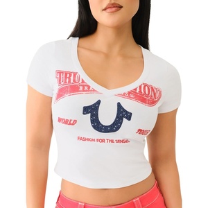 True Religion Women’s Distressed Crystal High Shine V-Neck Baby Tee – Casual T-Shirt(Optic White​)