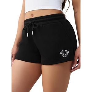 True Religion Women’s Embroidered Horseshoe Sweat Short – Drawstring Waist, Slanted Pockets, Horseshoe Logo(Jet Black)