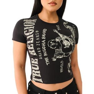 True Religion Women’s Heritage Logo Short Sleeve Baby Tee | Casual Crew Neck T-Shirt(Jet Black)