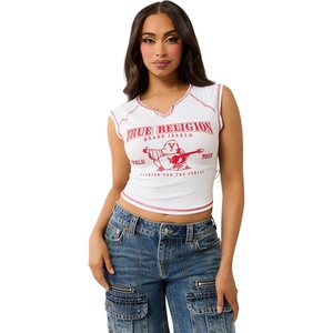 True Religion Women’s SRS Contrast Stitch Rib Notched Tee | Womens Tops | T Shirts for Women, Graphic Tees for Women(Optic White)