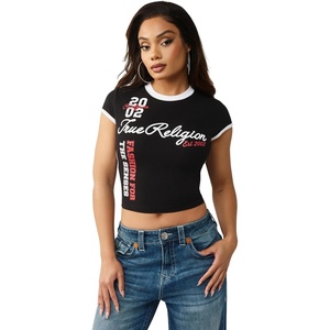 True Religion Women’s Sporty Contrasted Cap Sleeve Top – Fitted Cotton Tee(Jet Black)