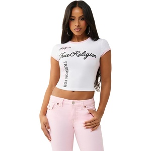 True Religion Women’s Sporty Contrasted Cap Sleeve Top – Fitted Cotton Tee(Optic White)